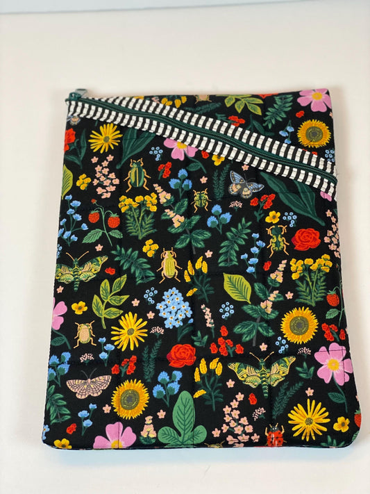 Rifle Paper Co Curio fabric soft tablet case with zipper, black floral quilted padded book sleeve