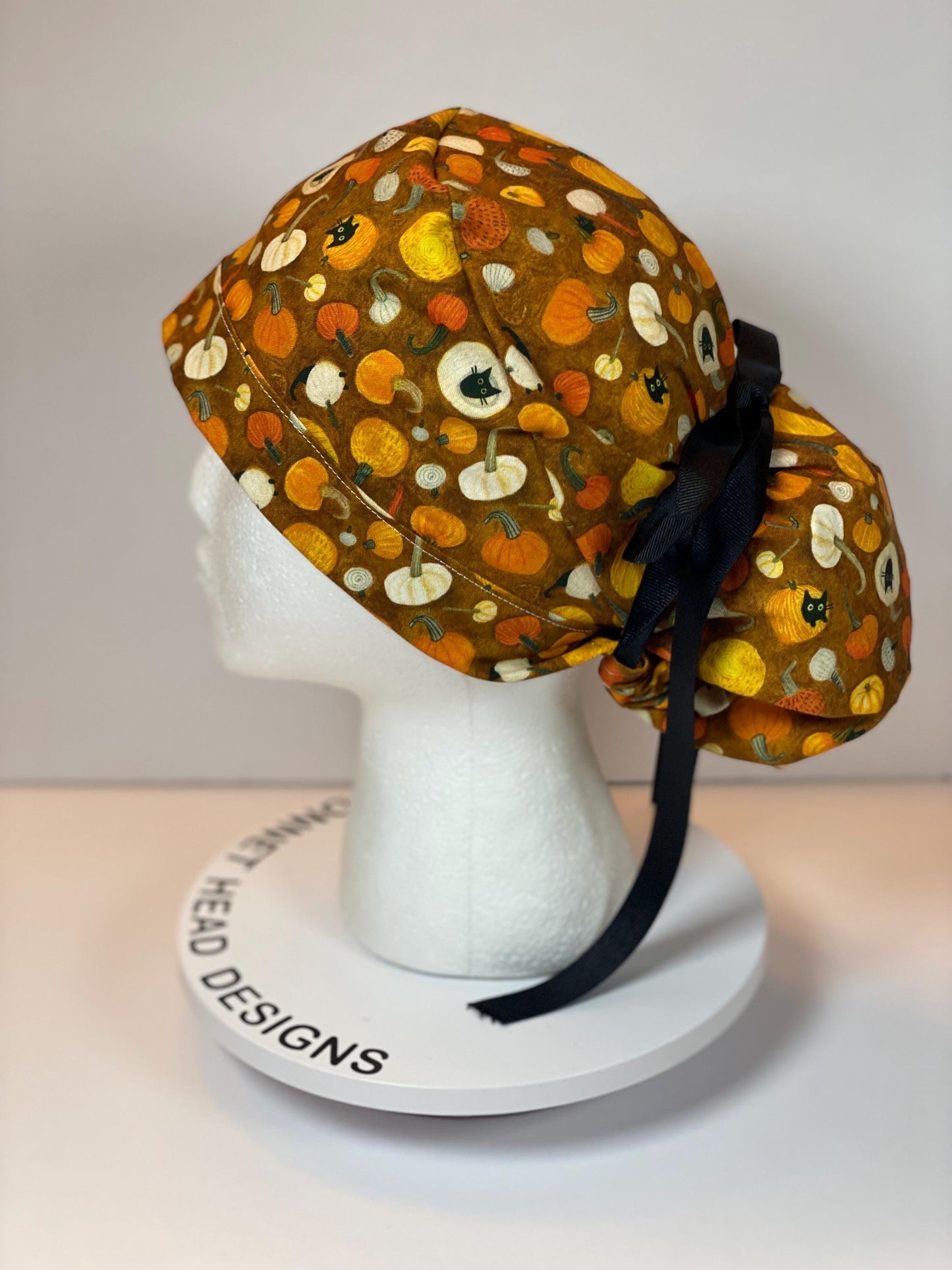 Cats and pumpkins scrub hat, women’s fall scrub hat, Bonnet Head Designs