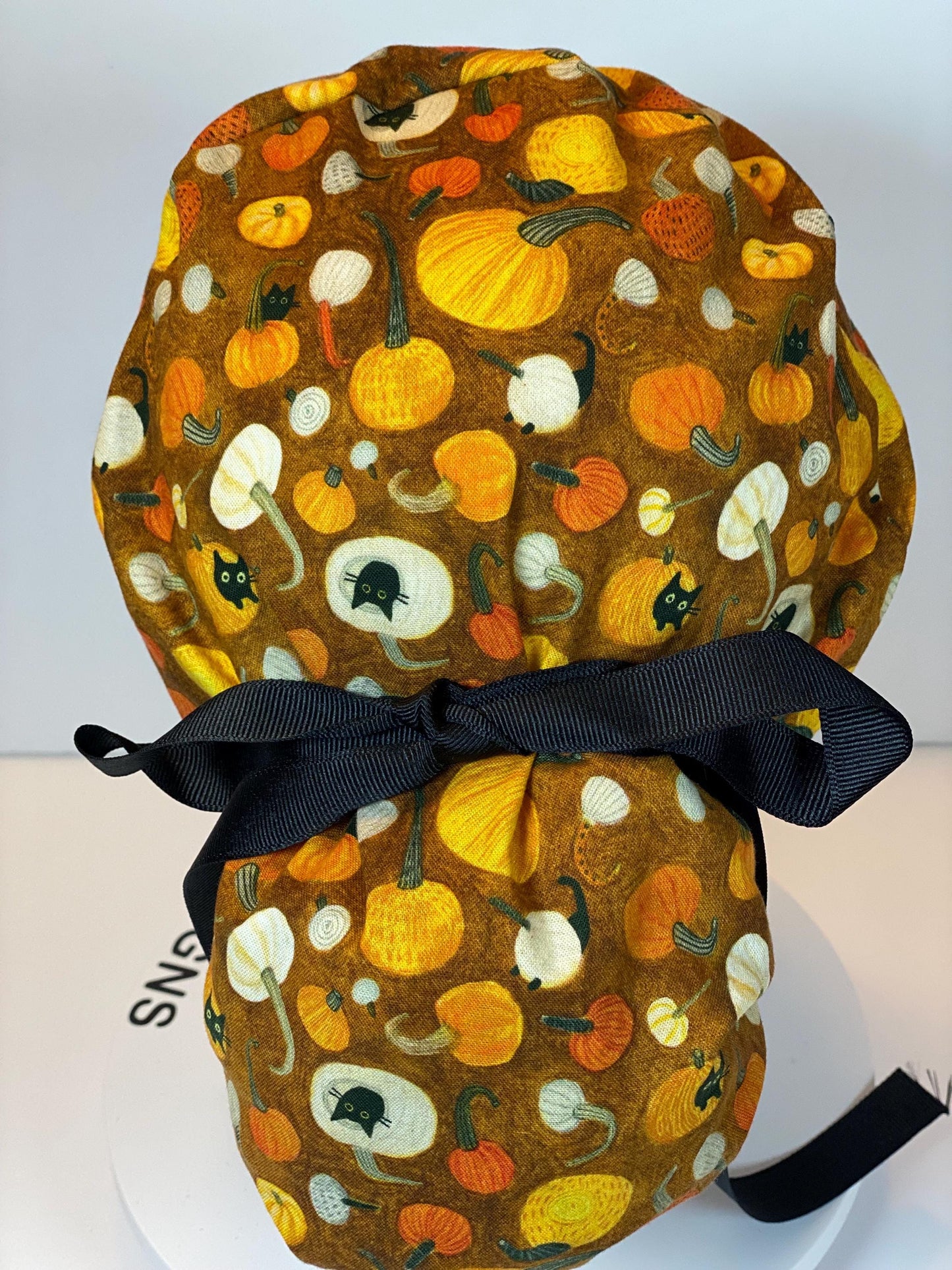 Cats and pumpkins scrub hat, women’s fall scrub hat, Bonnet Head Designs