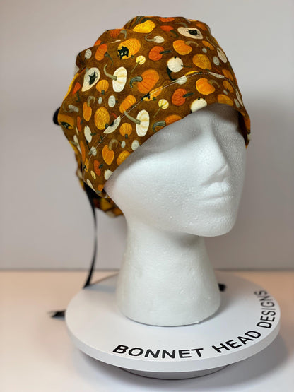 Cats and pumpkins scrub hat, women’s fall scrub hat, Bonnet Head Designs