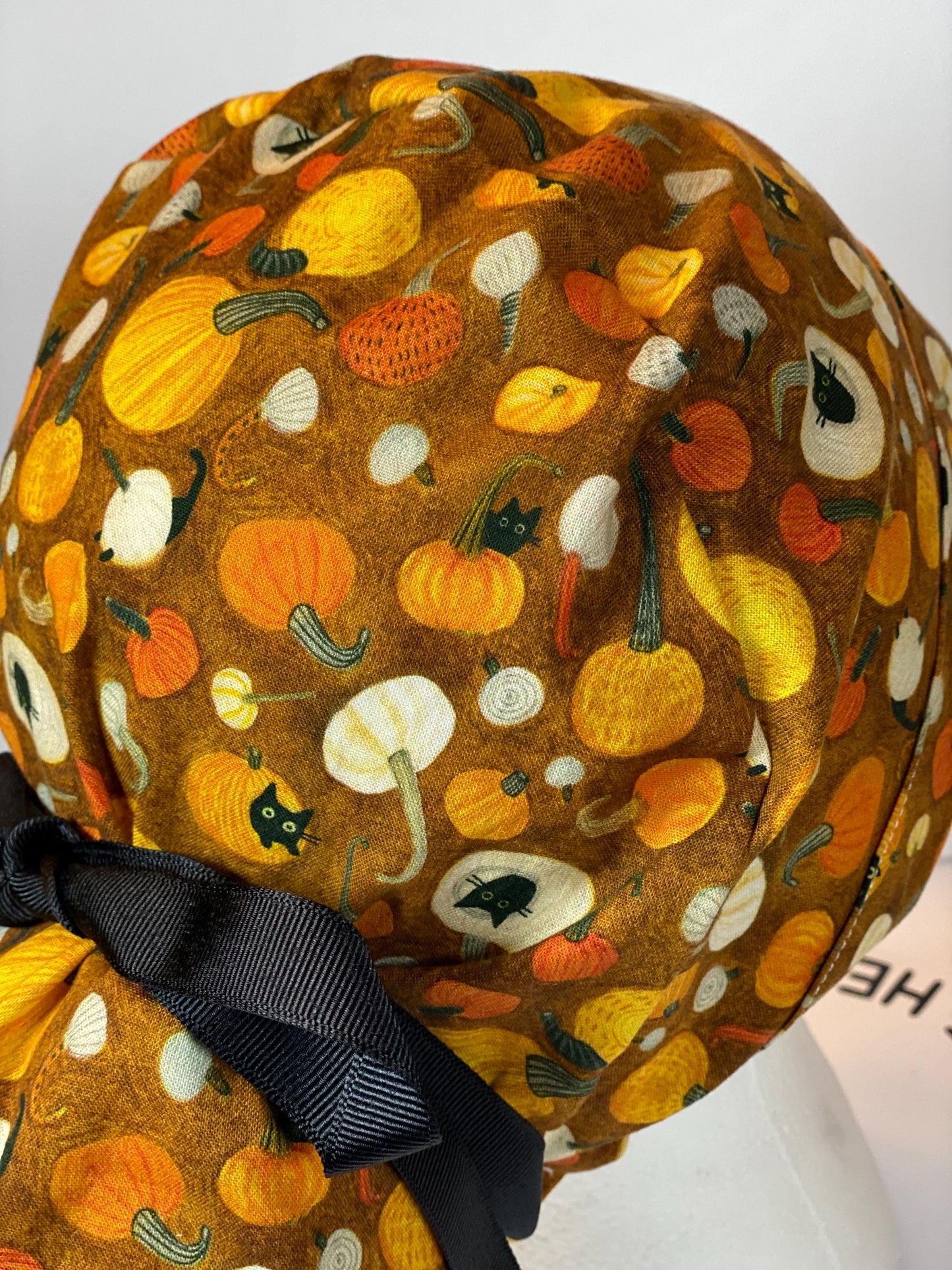 Cats and pumpkins scrub hat, women’s fall scrub hat, Bonnet Head Designs