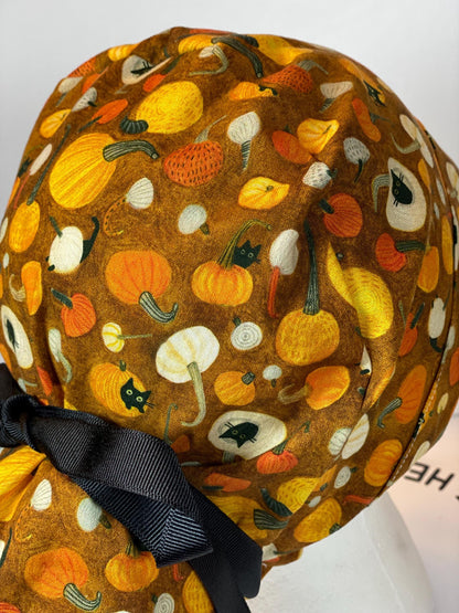 Cats and pumpkins scrub hat, women’s fall scrub hat, Bonnet Head Designs