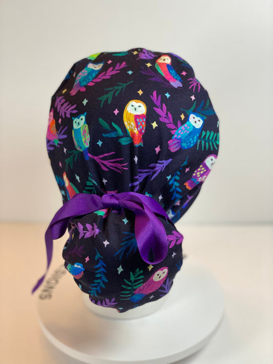 Black owl scrub cap, owl print scrub hat in jewel tones, Bonnet Head Designs