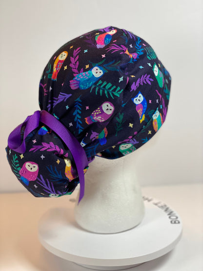 Black owl scrub cap, owl print scrub hat in jewel tones, Bonnet Head Designs