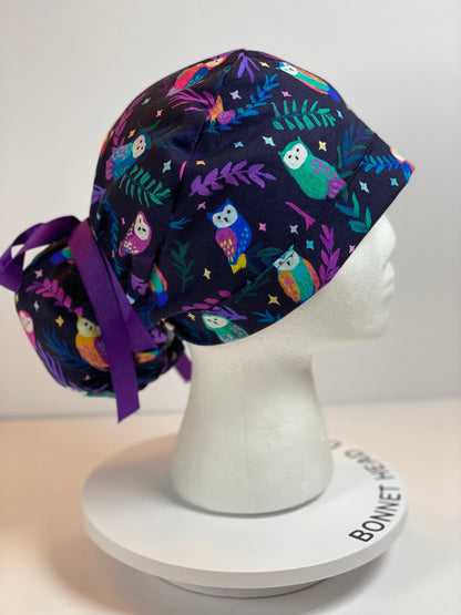 Black owl scrub cap, owl print scrub hat in jewel tones, Bonnet Head Designs