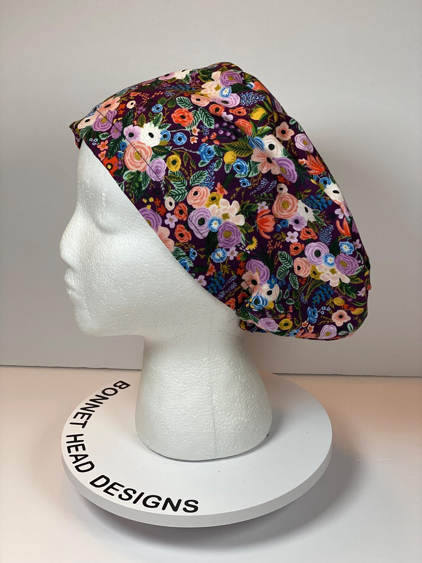 Rifle Paper Co petite garden party in burgundy fabric euro style scrub cap, purple floral garden party toggle scrub hat