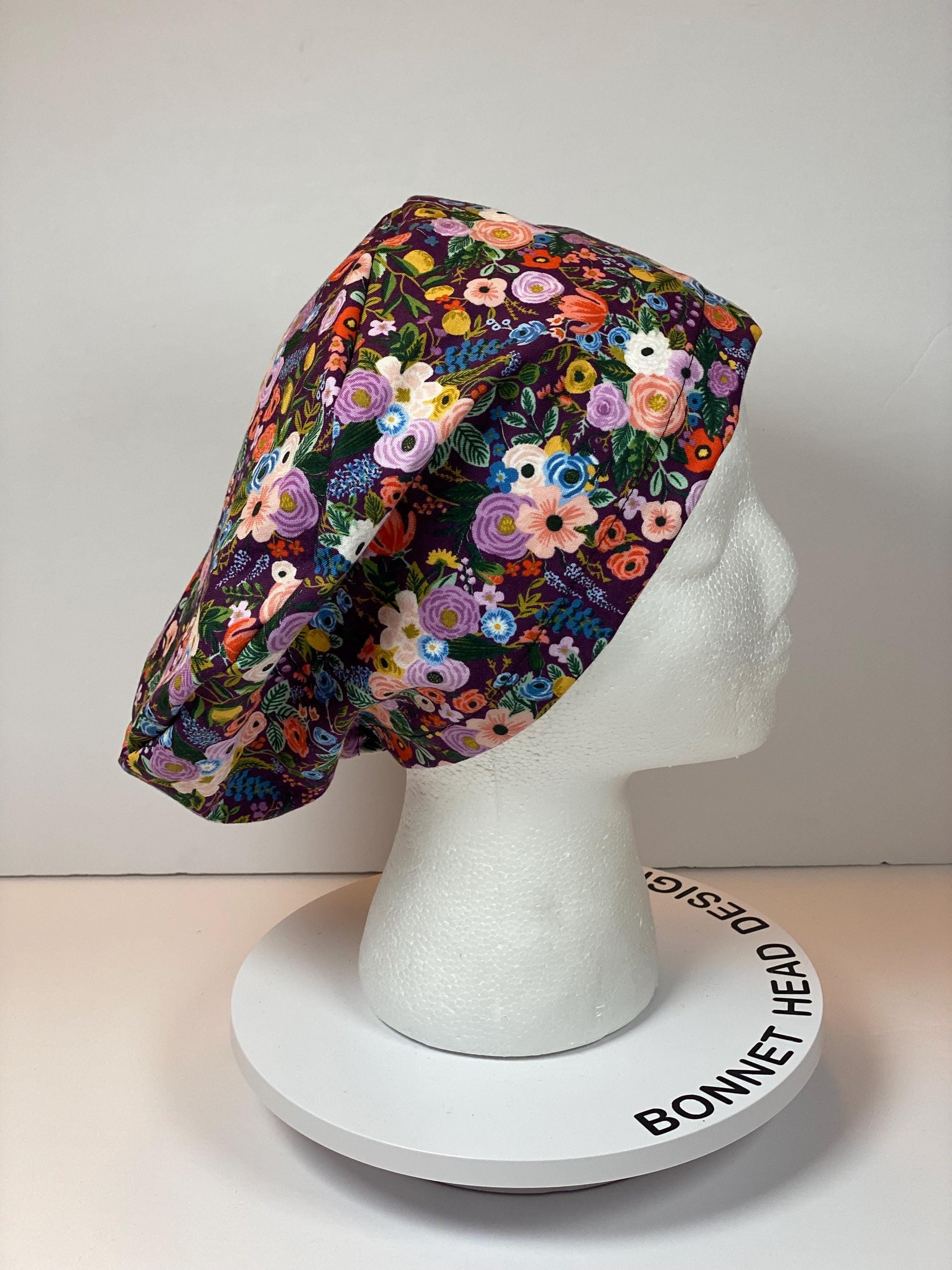 Rifle Paper Co petite garden party in burgundy fabric euro style scrub cap, purple floral garden party toggle scrub hat