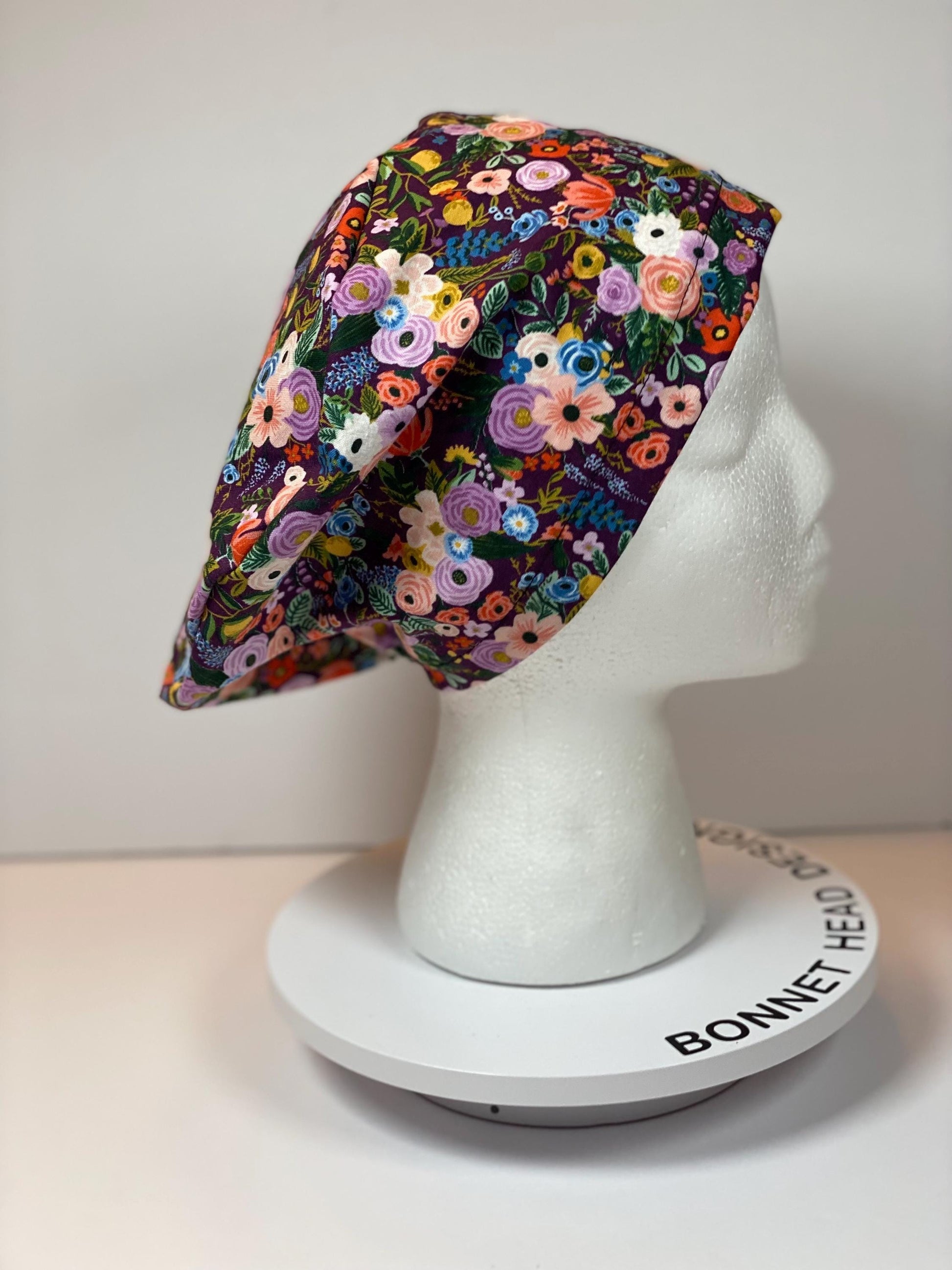 Rifle Paper Co petite garden party in burgundy fabric euro style scrub cap, purple floral garden party toggle scrub hat