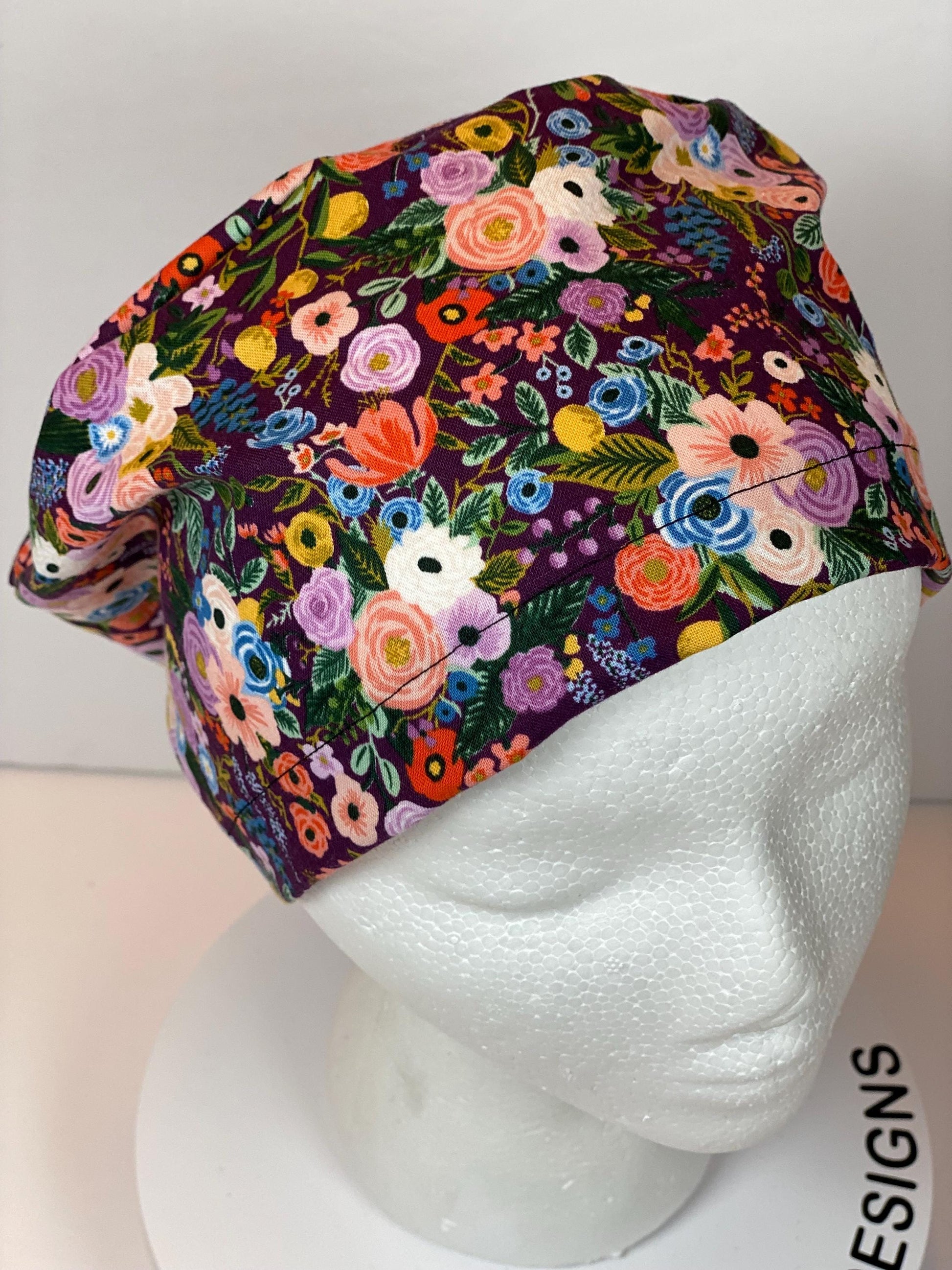 Rifle Paper Co petite garden party in burgundy fabric euro style scrub cap, purple floral garden party toggle scrub hat