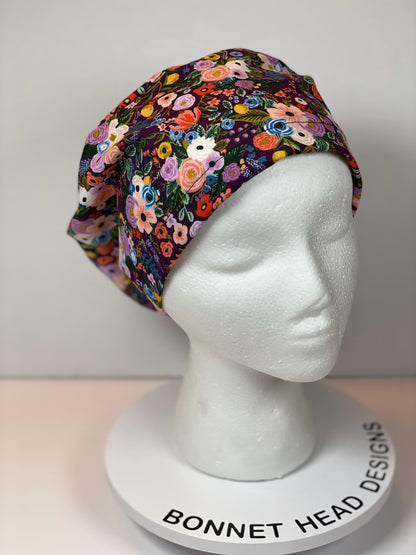 Rifle Paper Co petite garden party in burgundy fabric euro style scrub cap, purple floral garden party toggle scrub hat