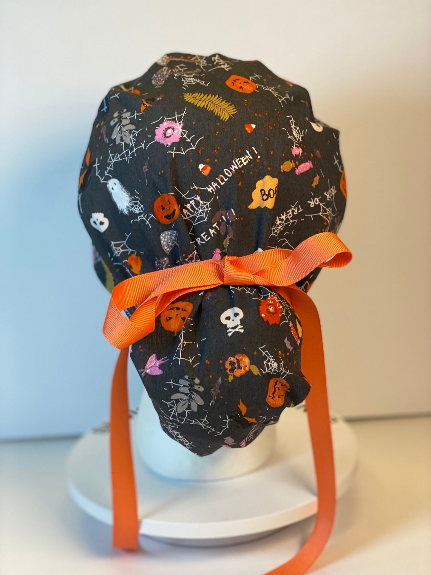 Halloween ponytail scrub cap, spells and potions scrub cap, Bonnet Head Designs