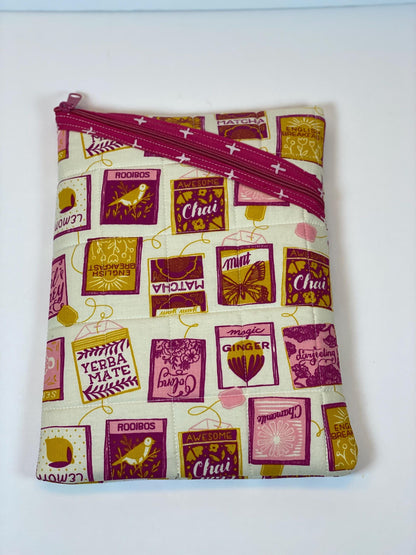 Pink and yellow tea lover’s fabric soft tablet case with zipper, padded book or ipad sleeve