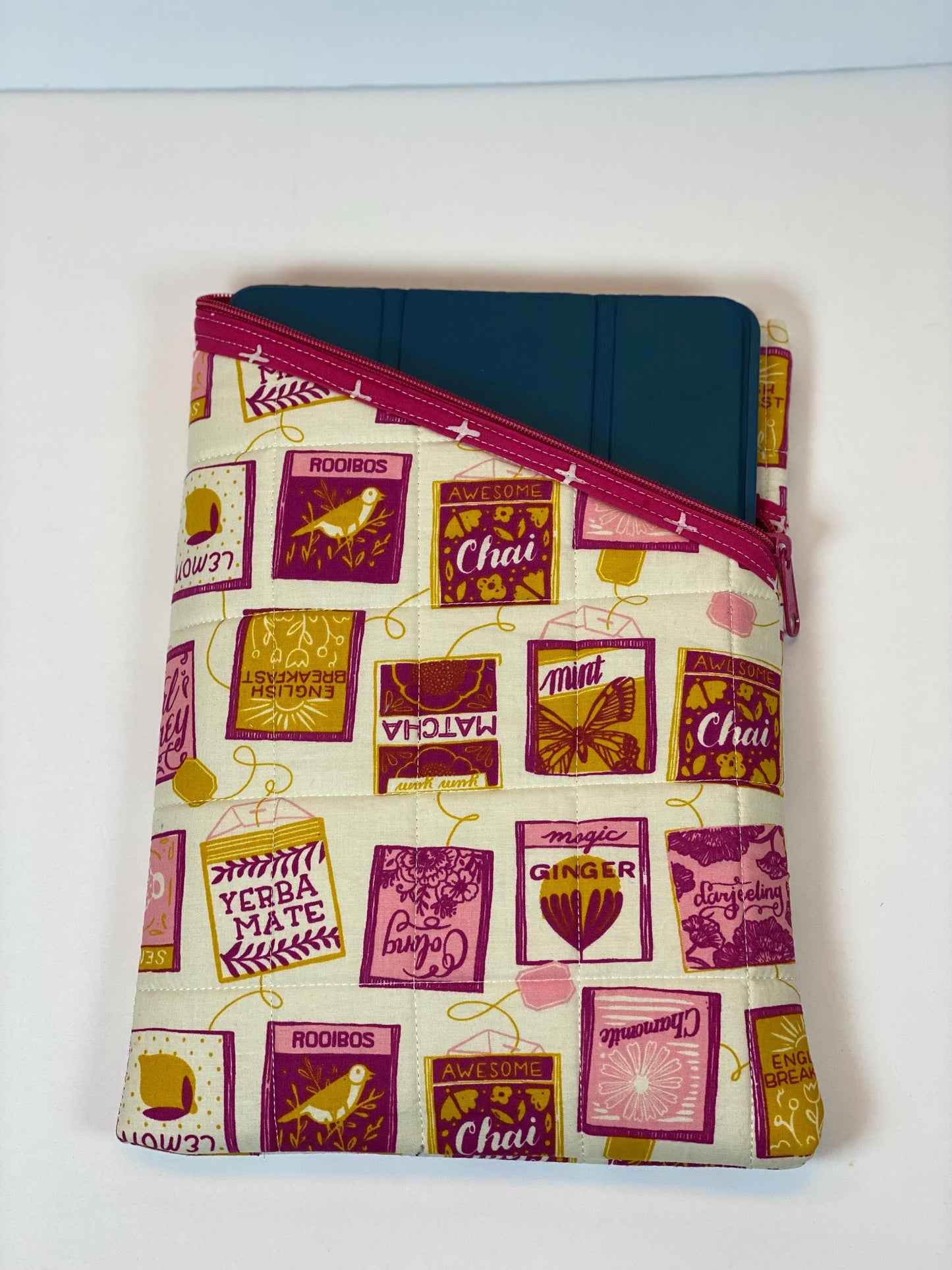 Pink and yellow tea lover’s fabric soft tablet case with zipper, padded book or ipad sleeve