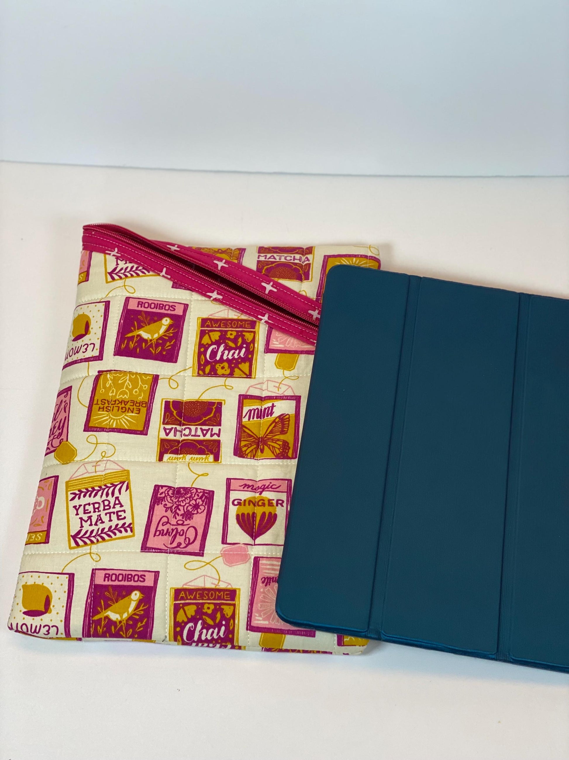 Pink and yellow tea lover’s fabric soft tablet case with zipper, padded book or ipad sleeve