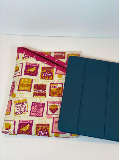 Pink and yellow tea lover’s fabric soft tablet case with zipper, padded book or ipad sleeve