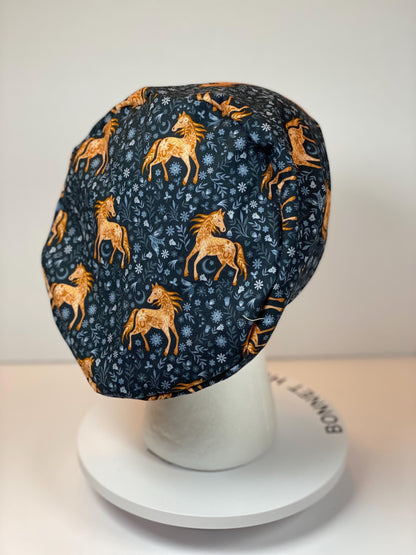 Horse print euro style scrub cap, equestrian scrub hat with toggle