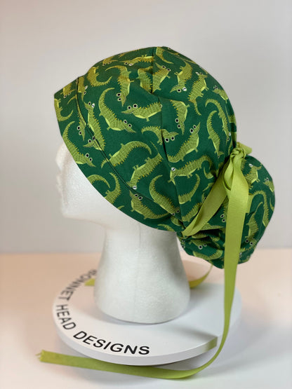 See ya later alligator women's ponytail scrub cap, green alligator scrub hat, Bonnet Head Designs