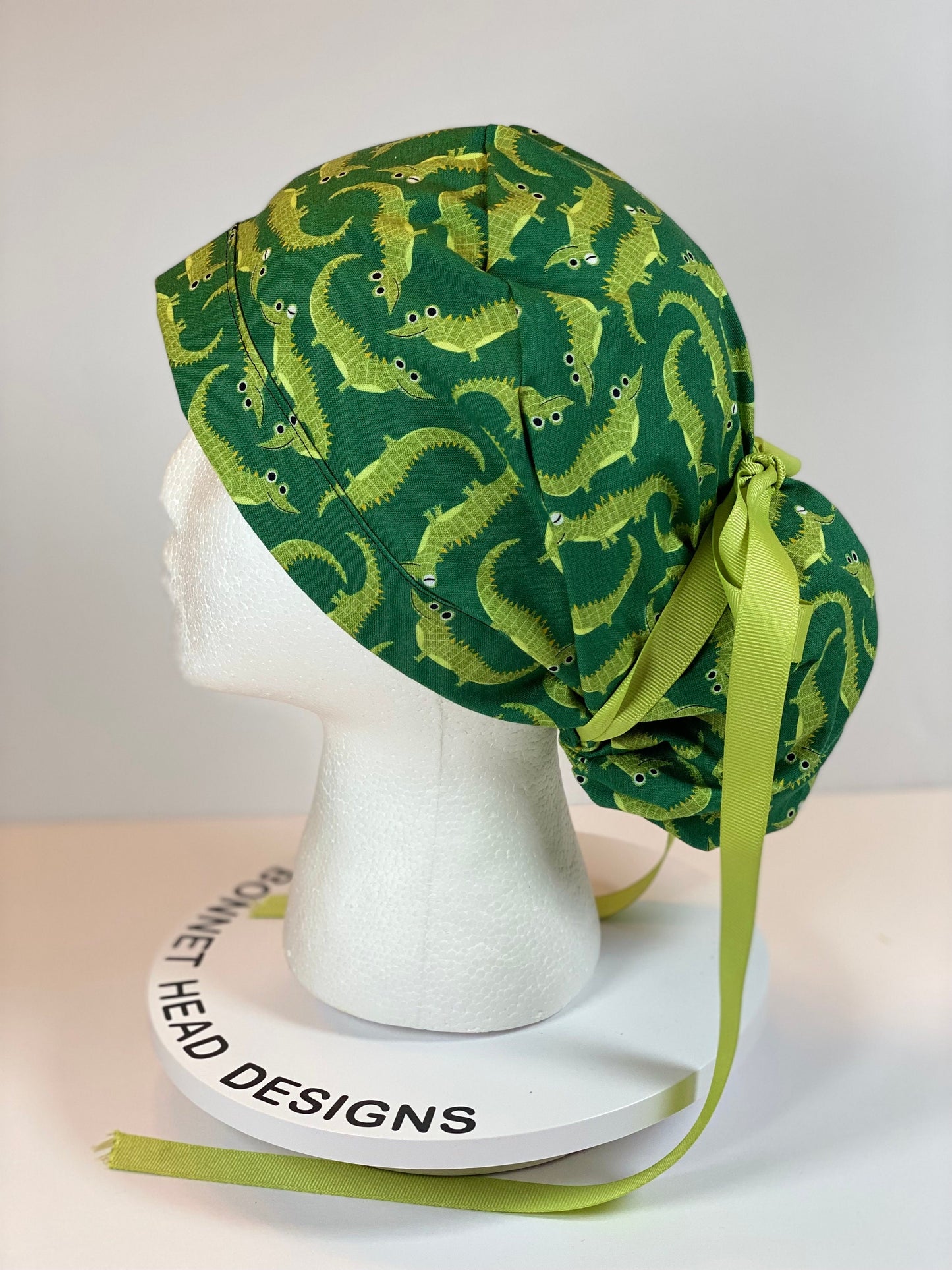 See ya later alligator women's ponytail scrub cap, green alligator scrub hat, Bonnet Head Designs