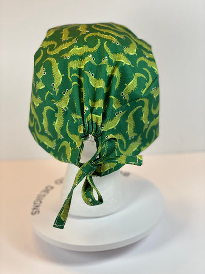 Men’s green alligator scrub cap, unisex alligator print scrub hat, surgeon style scrub cap, Bonnet Head Designs