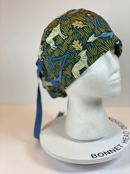 Wolf print womens ponytail scrub cap, coyote night scrub cap, Bonnet Head Designs