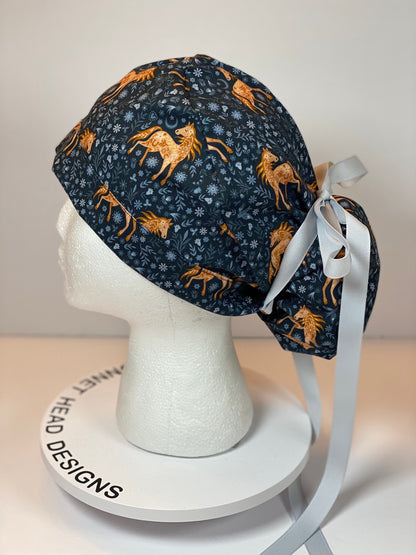 Horse print scrub cap, equestrian scrub hat, women’s ponytail scrub cap horses