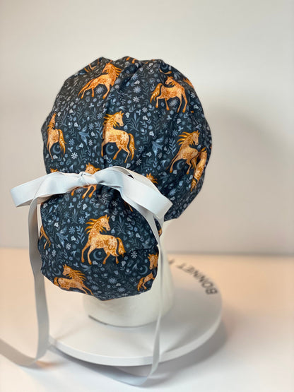 Horse print scrub cap, equestrian scrub hat, women’s ponytail scrub cap horses