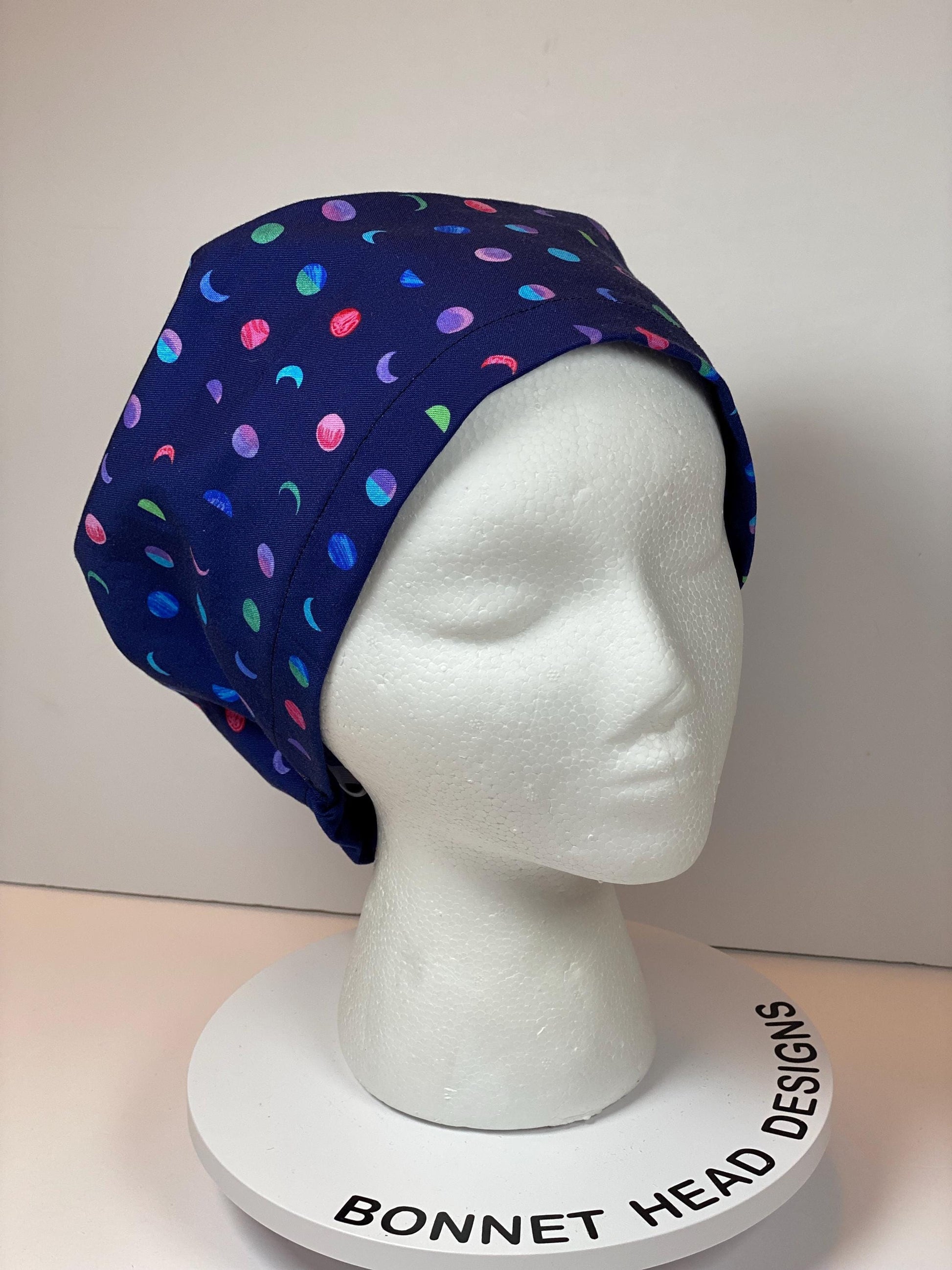 Moon phases women’s euro scrub cap, moon and space print euro style scrub hat with toggle