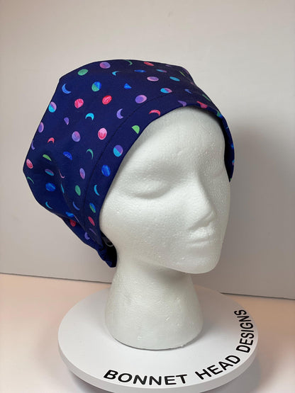 Moon phases women’s euro scrub cap, moon and space print euro style scrub hat with toggle