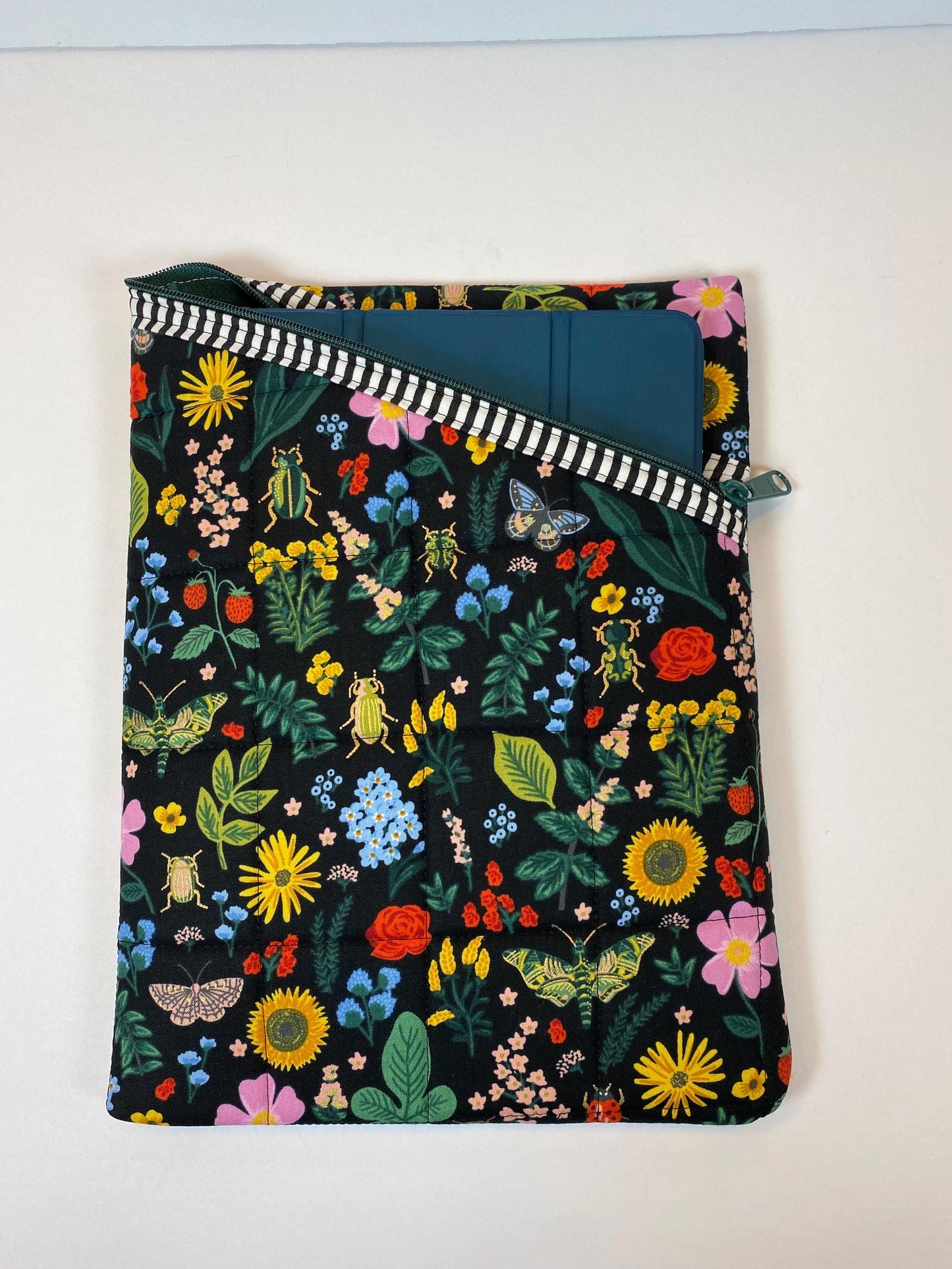 Rifle Paper Co Curio fabric soft tablet case with zipper, black floral quilted padded book sleeve