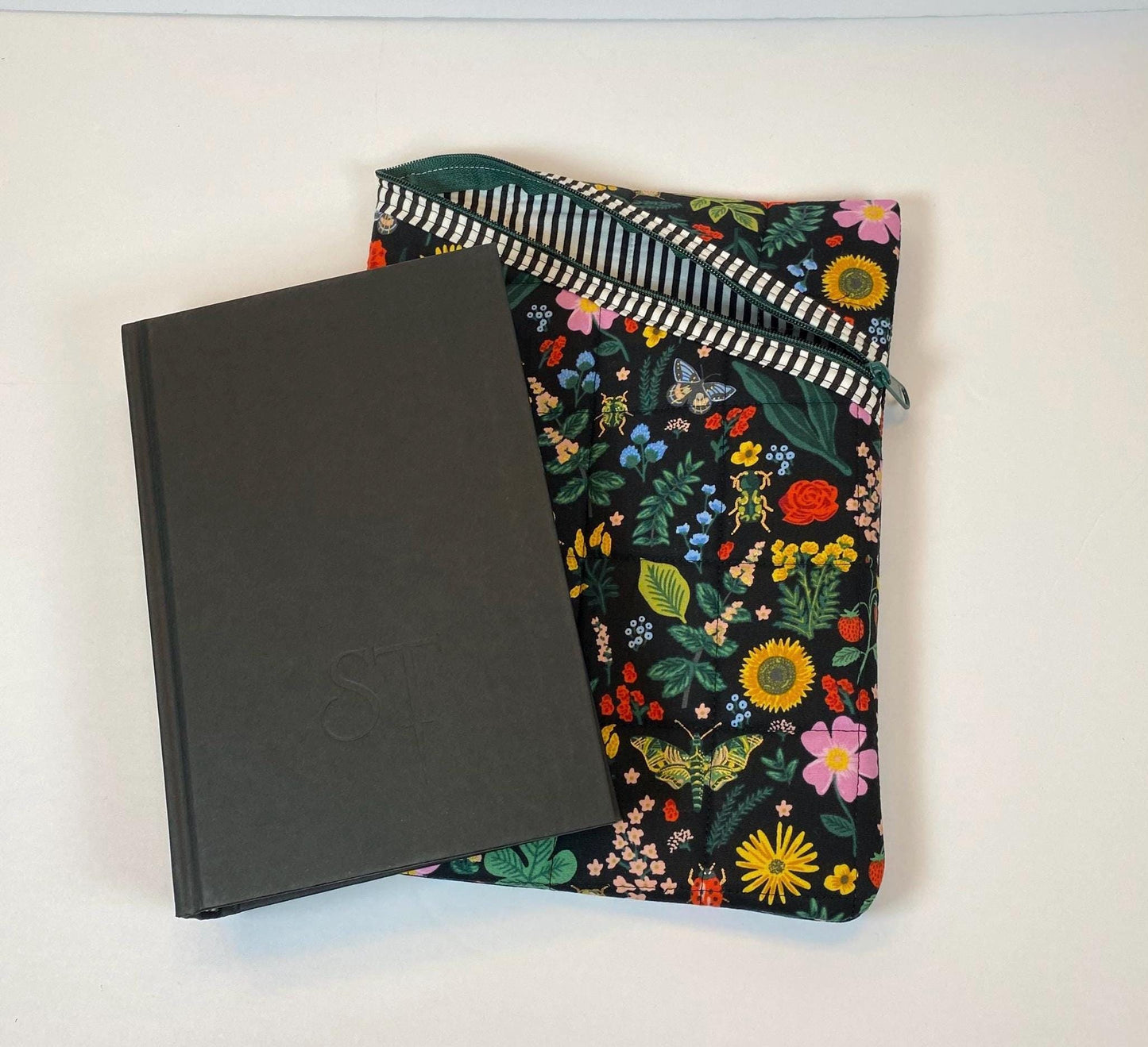 Rifle Paper Co Curio fabric soft tablet case with zipper, black floral quilted padded book sleeve