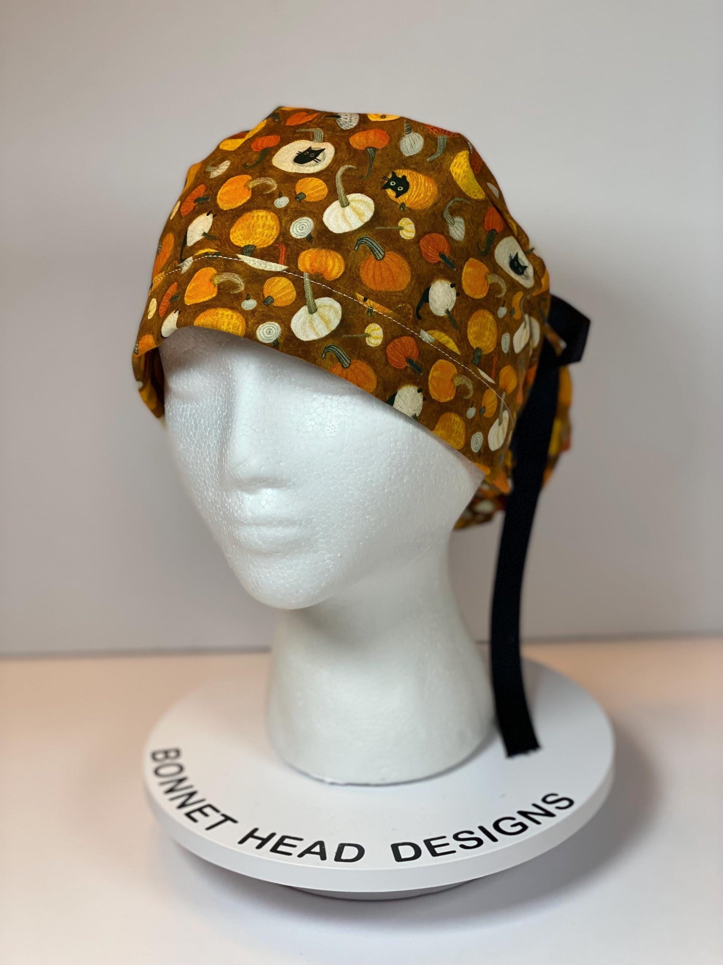 Cats and pumpkins scrub hat, women’s fall scrub hat, Bonnet Head Designs