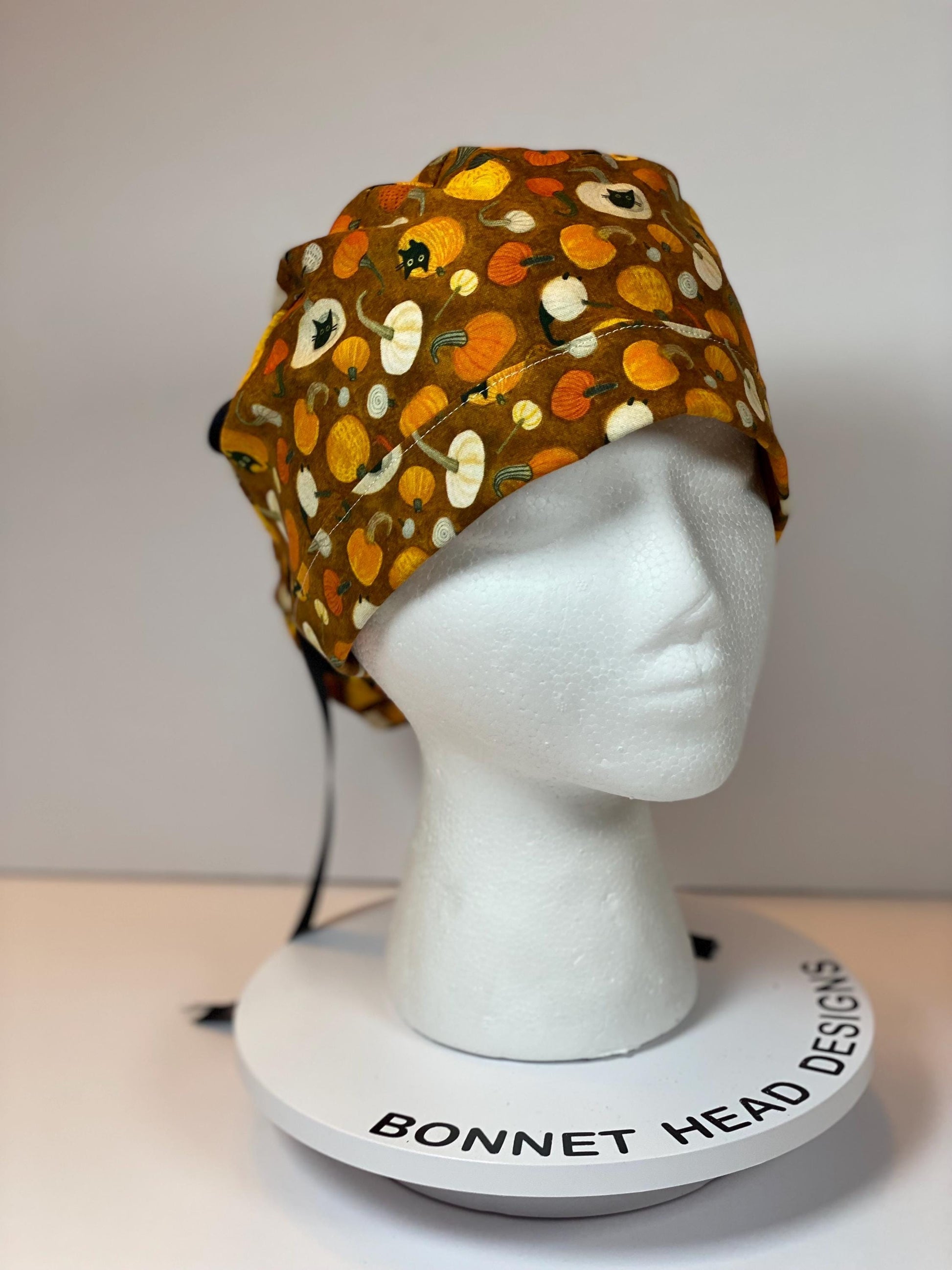 Cats and pumpkins scrub hat, women’s fall scrub hat, Bonnet Head Designs