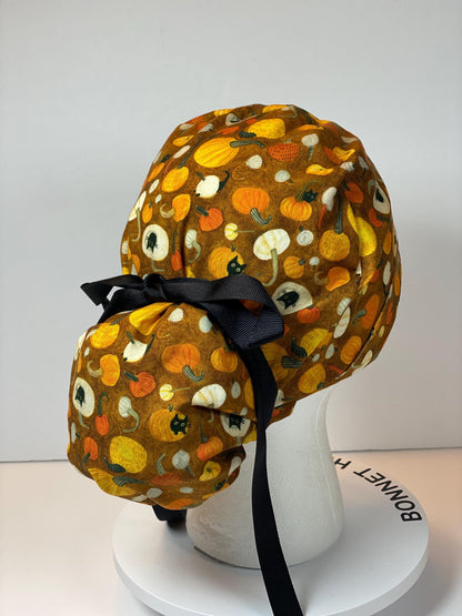 Cats and pumpkins scrub hat, women’s fall scrub hat, Bonnet Head Designs