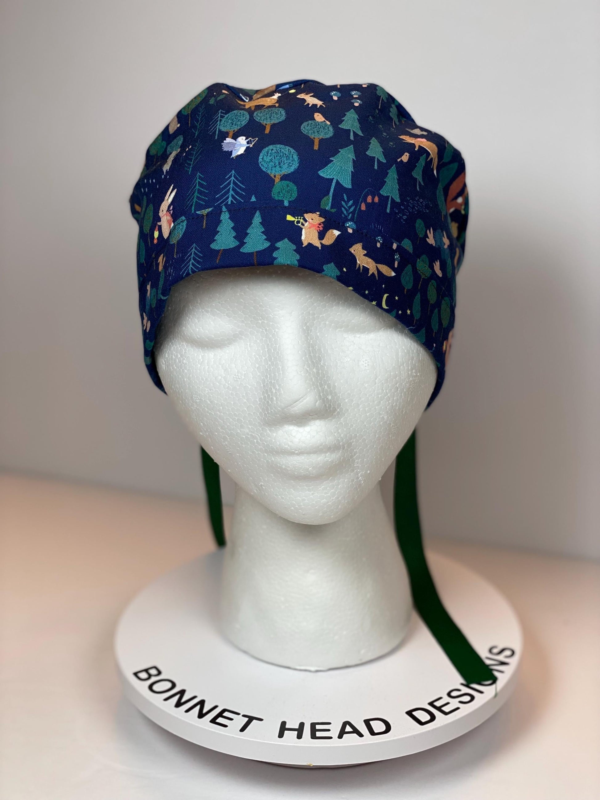 Night friends scrub cap, women’s forest animals ponytail scrub hat, Bonnet Head Designs