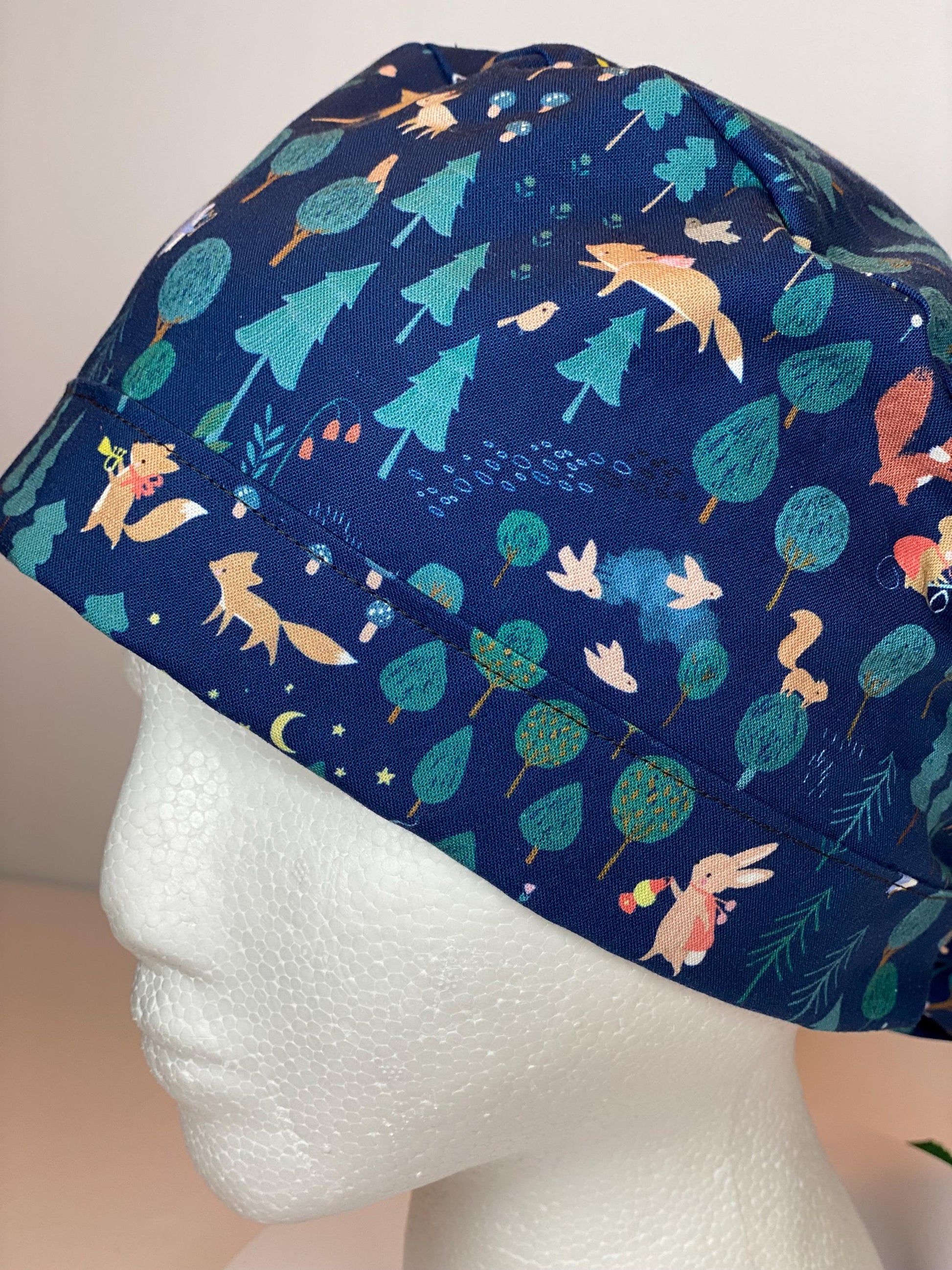 Night friends scrub cap, women’s forest animals ponytail scrub hat, Bonnet Head Designs