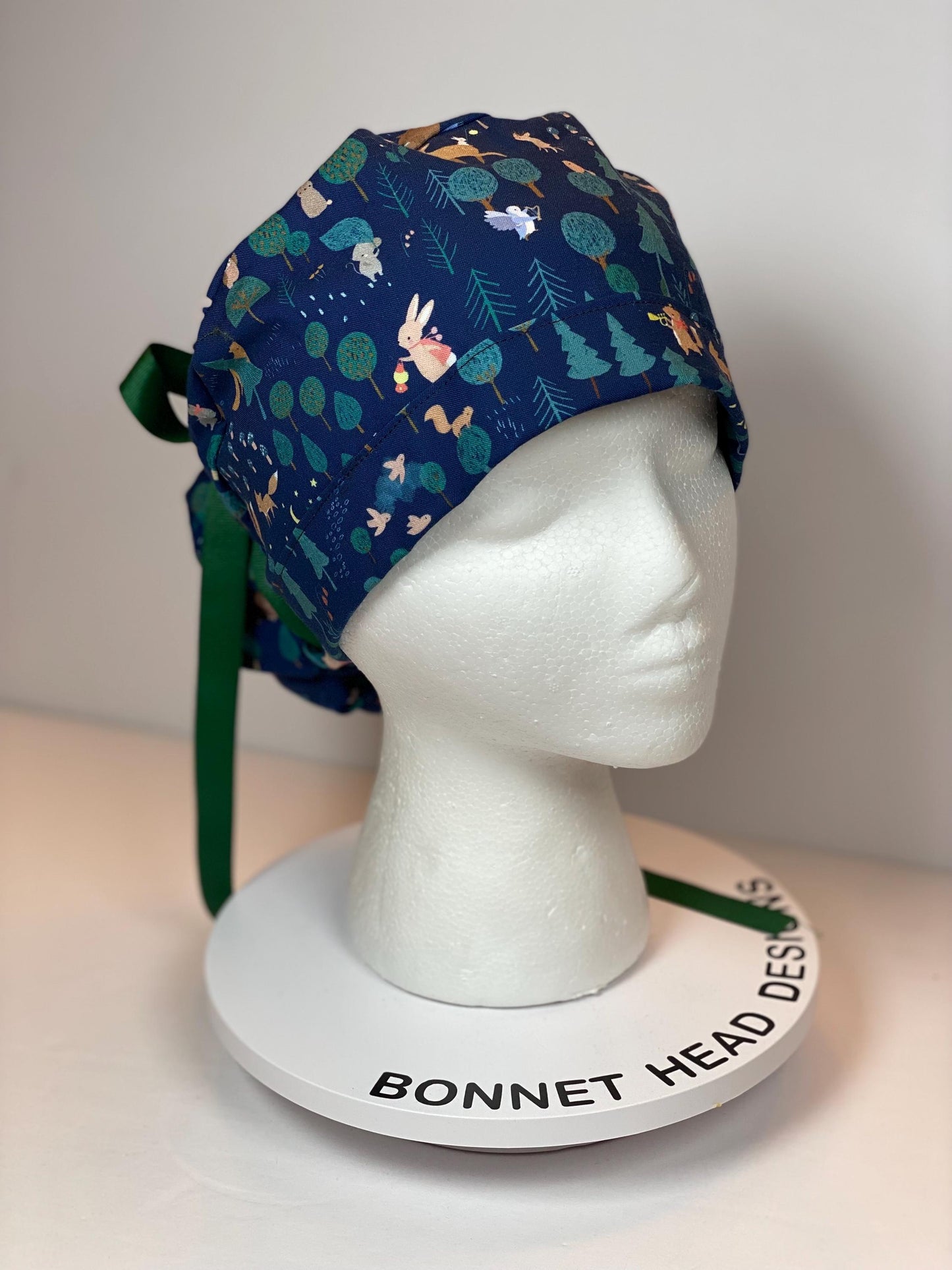 Night friends scrub cap, women’s forest animals ponytail scrub hat, Bonnet Head Designs