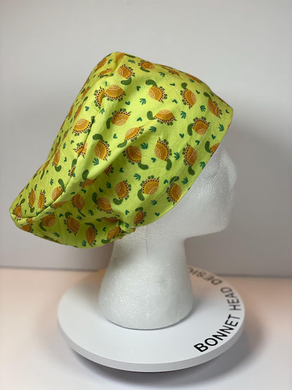 Green tortoise women’s euro scrub cap, green turtles euro style scrub hat with toggle