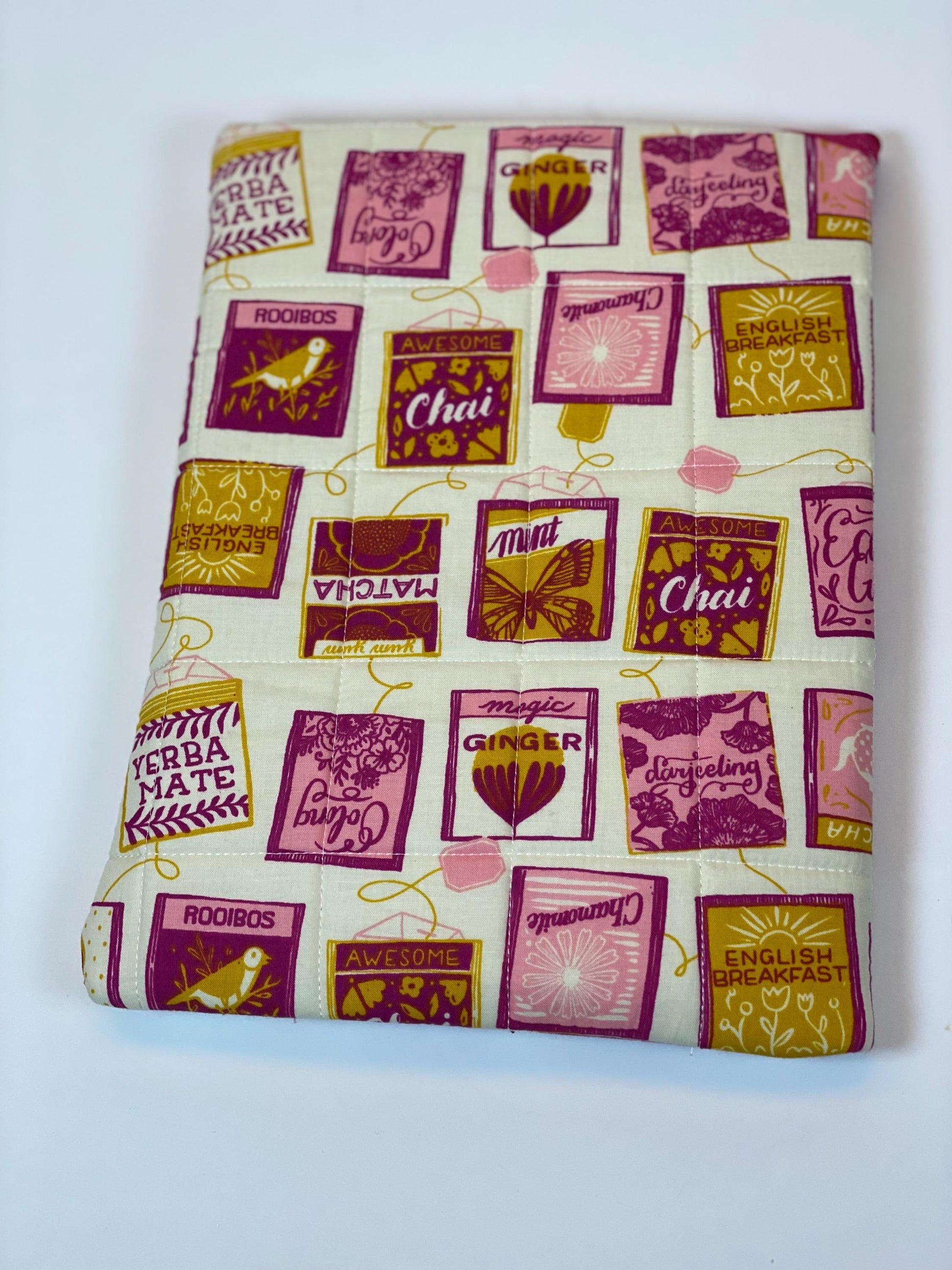 Pink and yellow tea lover’s fabric soft tablet case with zipper, padded book or ipad sleeve