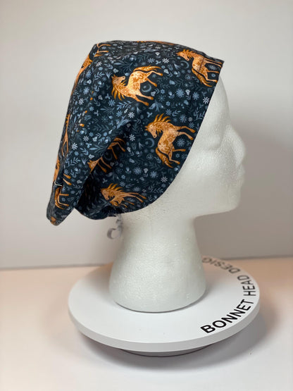 Horse print euro style scrub cap, equestrian scrub hat with toggle