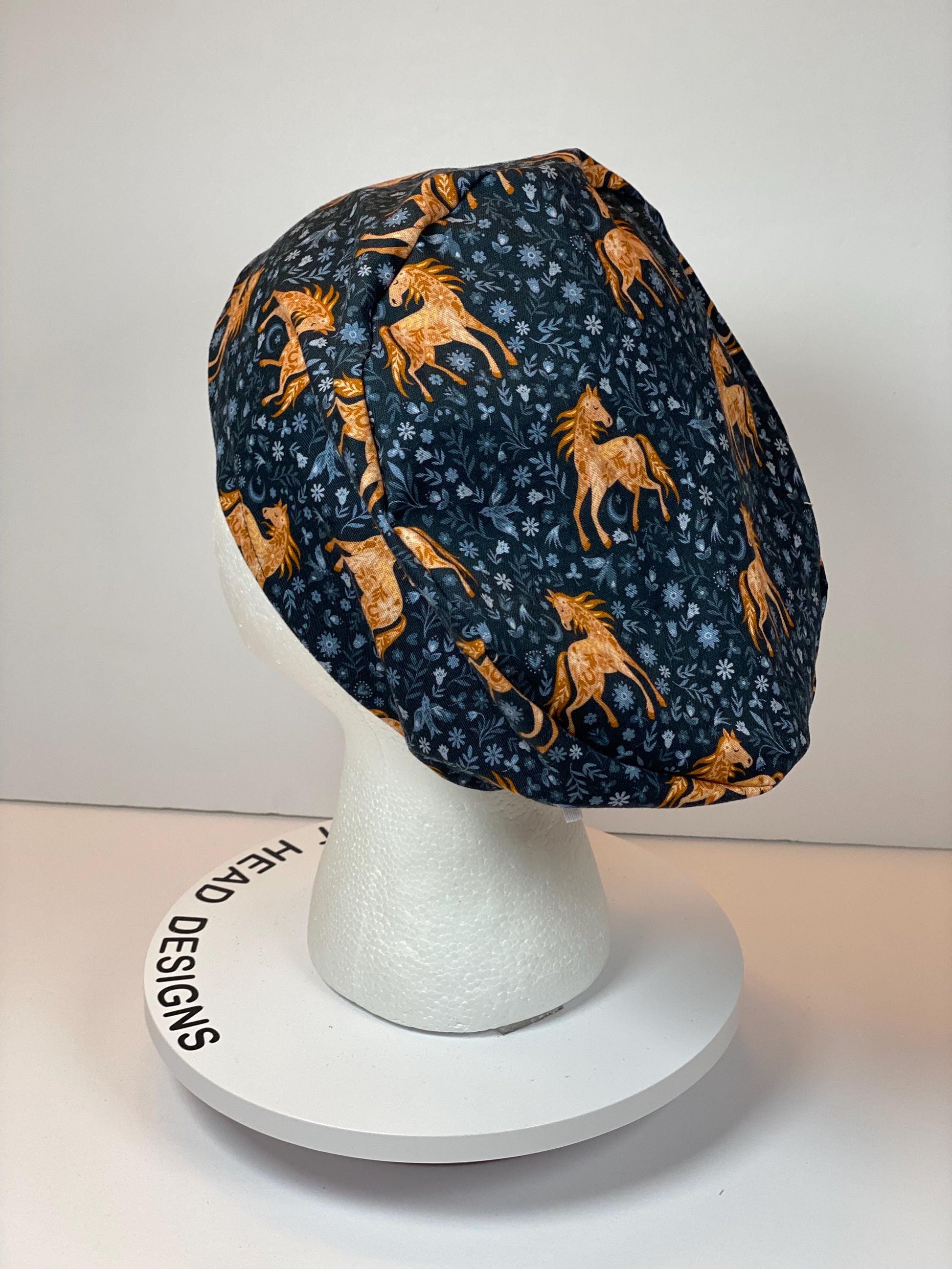 Horse print euro style scrub cap, equestrian scrub hat with toggle