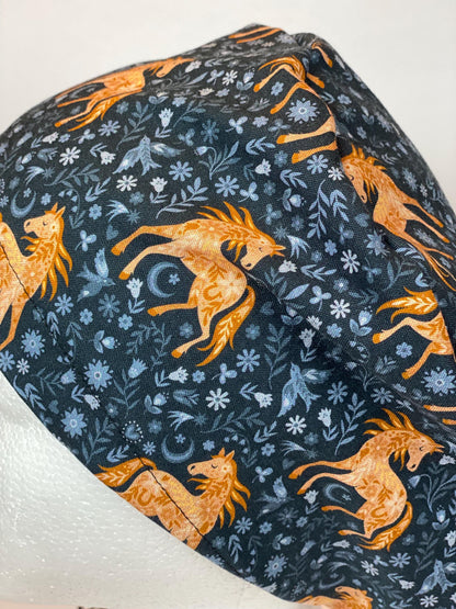 Horse print euro style scrub cap, equestrian scrub hat with toggle