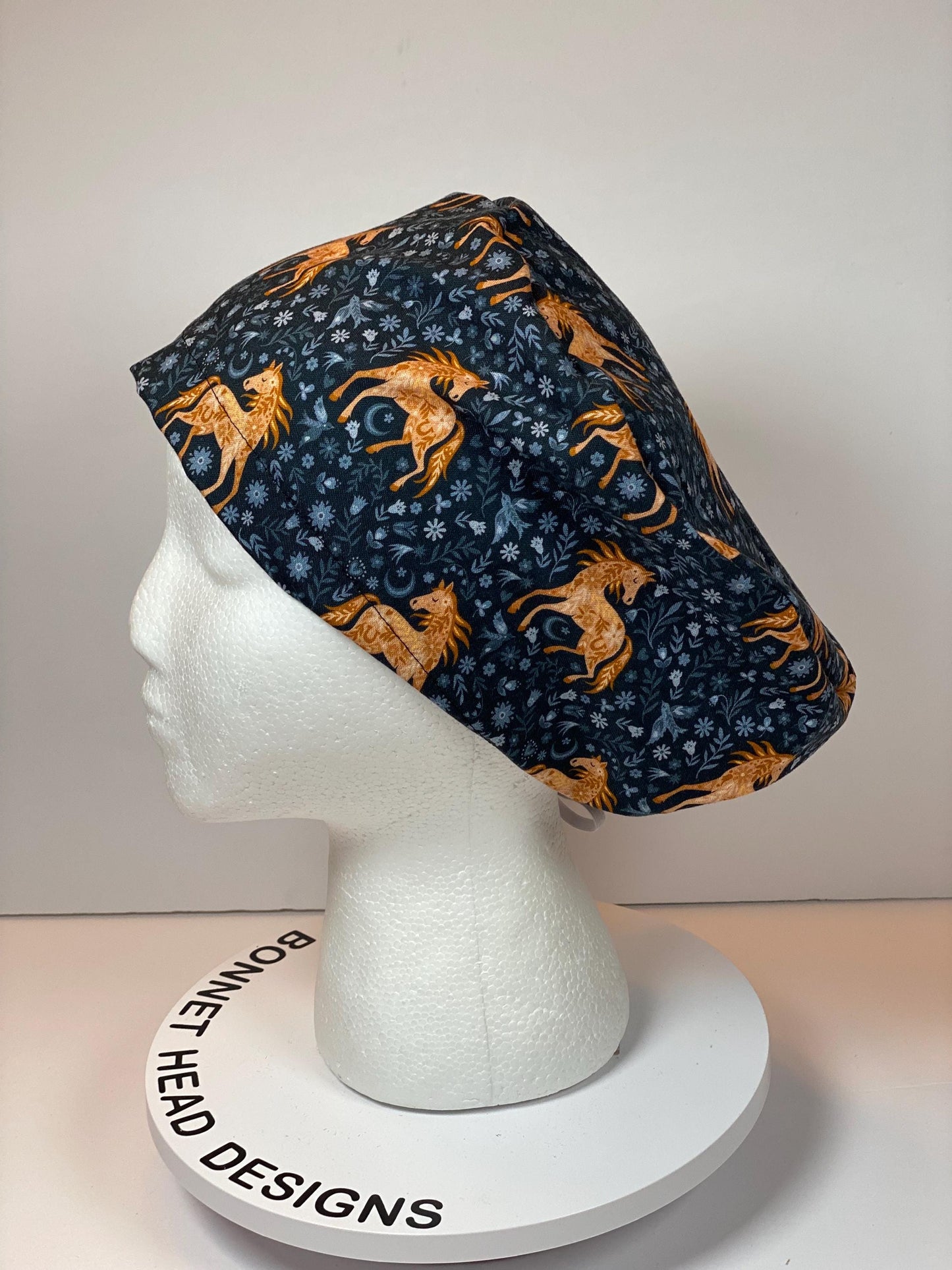 Horse print euro style scrub cap, equestrian scrub hat with toggle