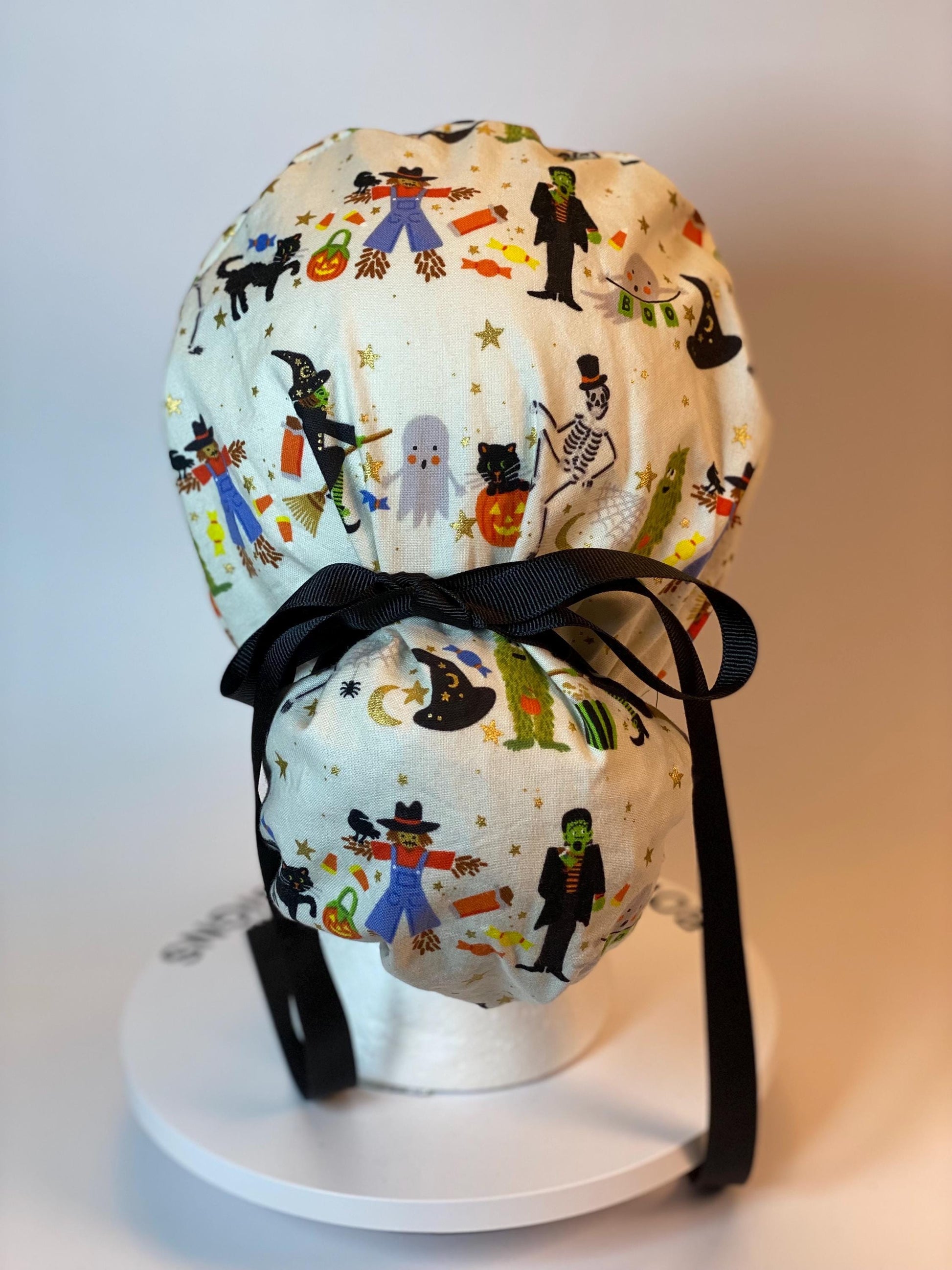 Rifle Paper Co Halloween parade fabric scrub cap, trick or treat Halloween ponytail scrub hat