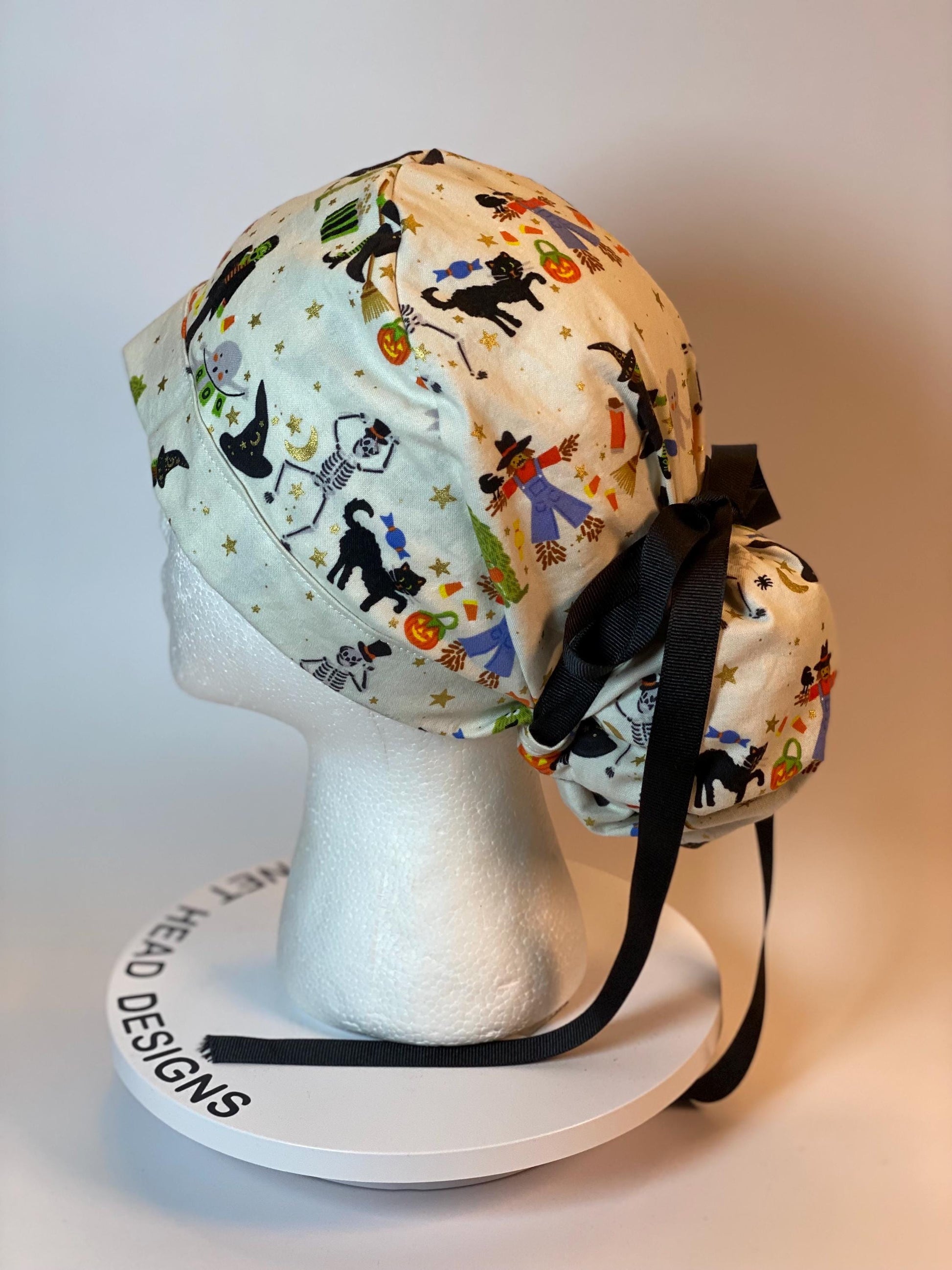 Rifle Paper Co Halloween parade fabric scrub cap, trick or treat Halloween ponytail scrub hat