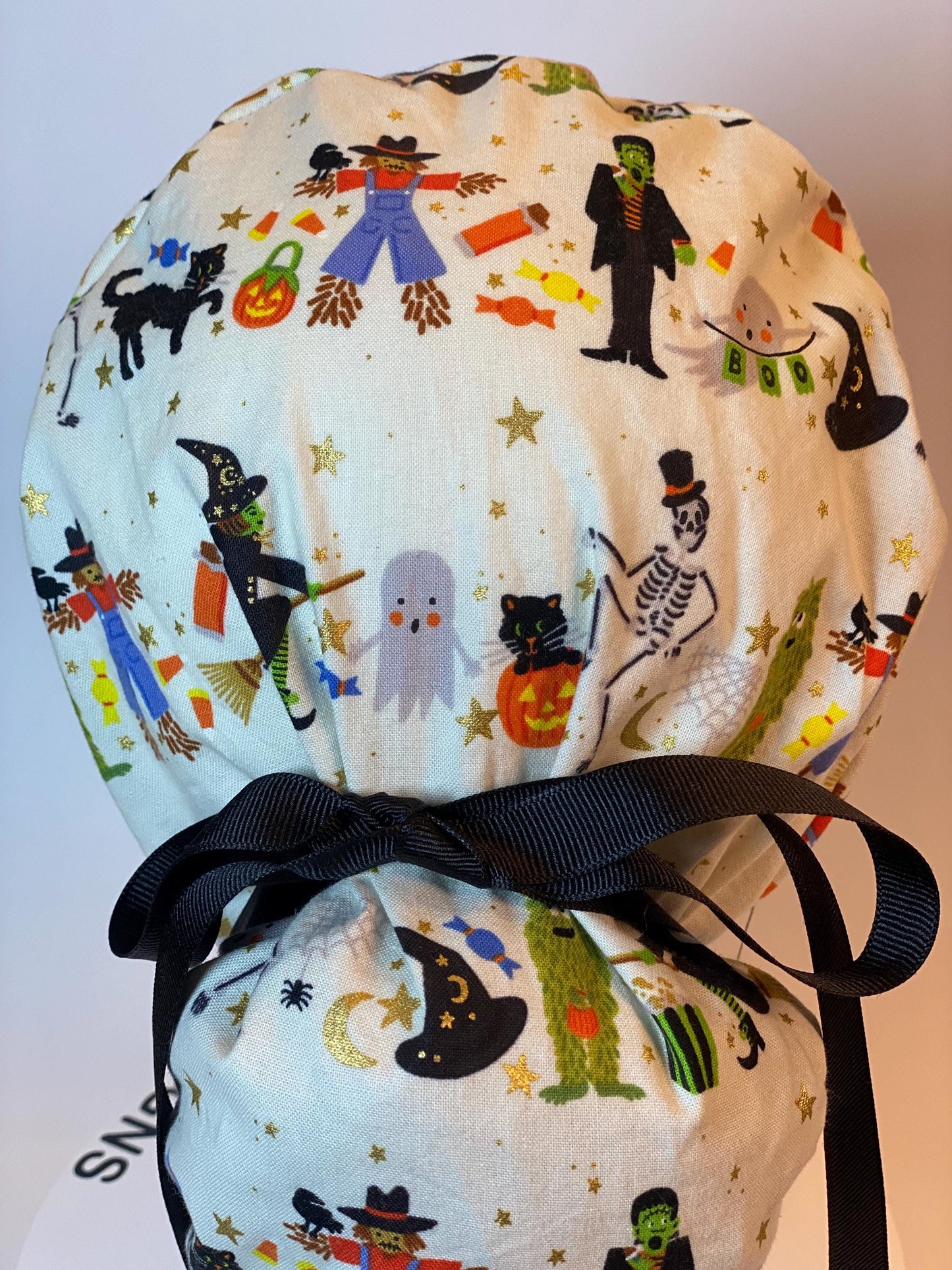 Rifle Paper Co Halloween parade fabric scrub cap, trick or treat Halloween ponytail scrub hat