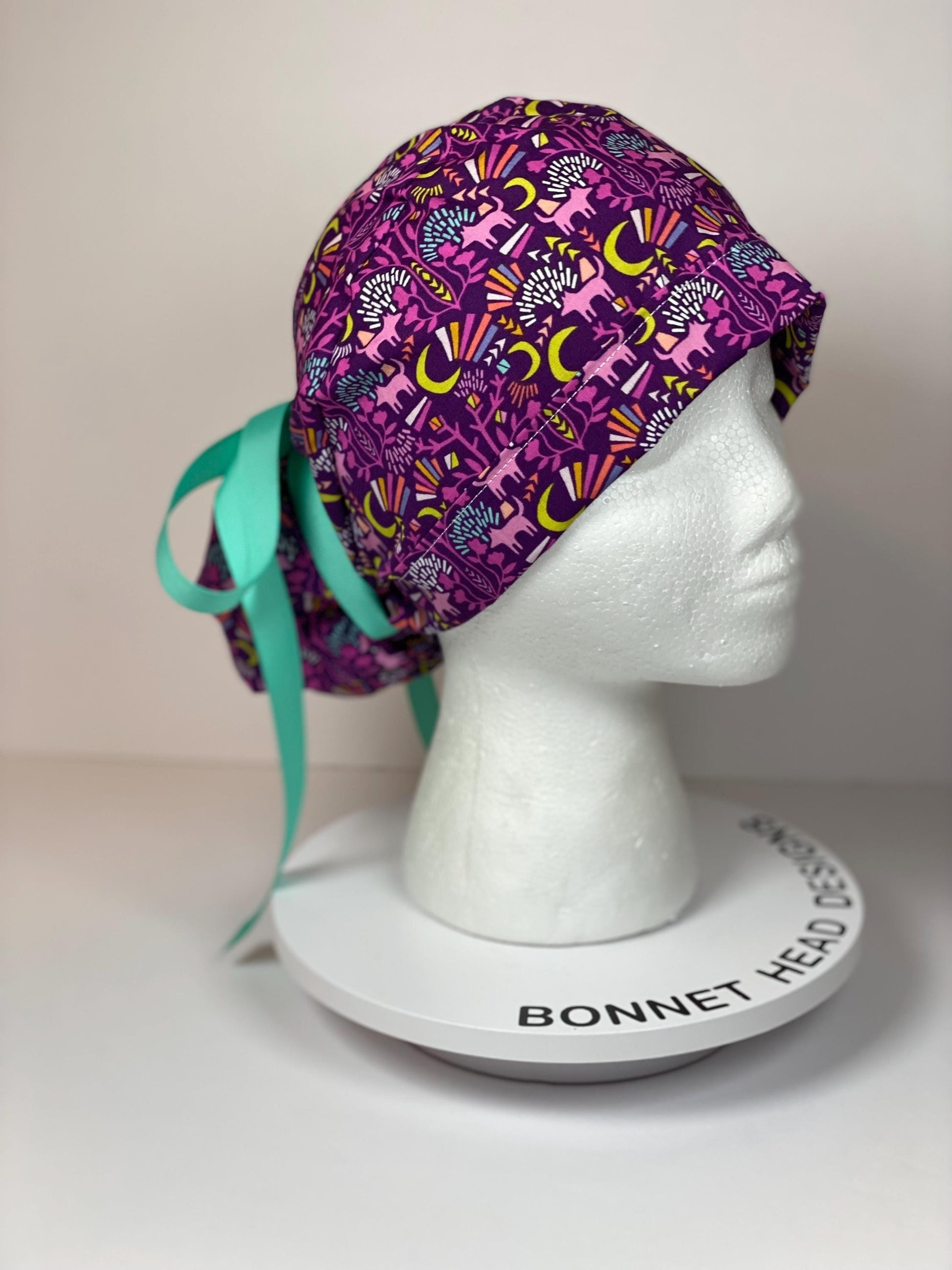 Midnight in Moonlight women’s ponytail scrub cap, pop art wolf scrub cap, Bonnet Head Designs