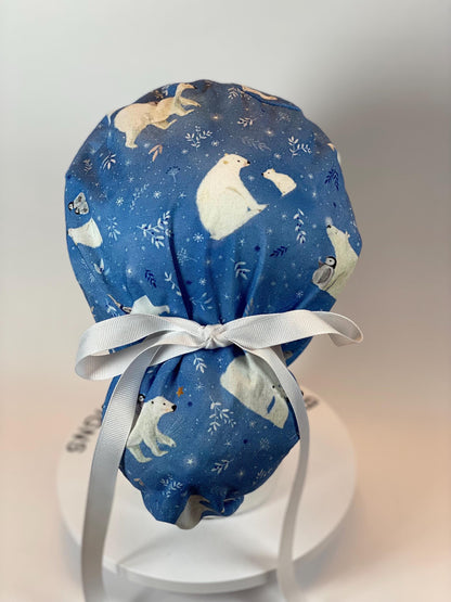 Winter scrub cap with penguins and polar bears, ponytail scrub hat polar bears, Bonnet Head Designs