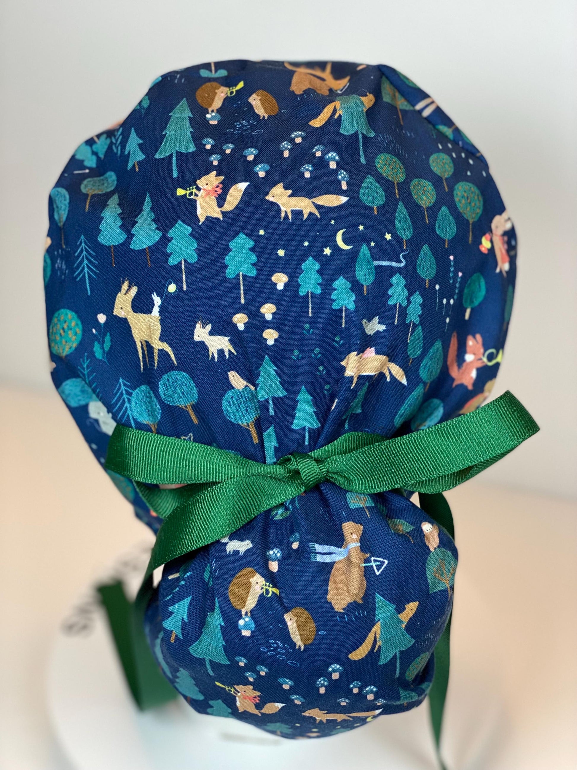 Night friends scrub cap, women’s forest animals ponytail scrub hat, Bonnet Head Designs