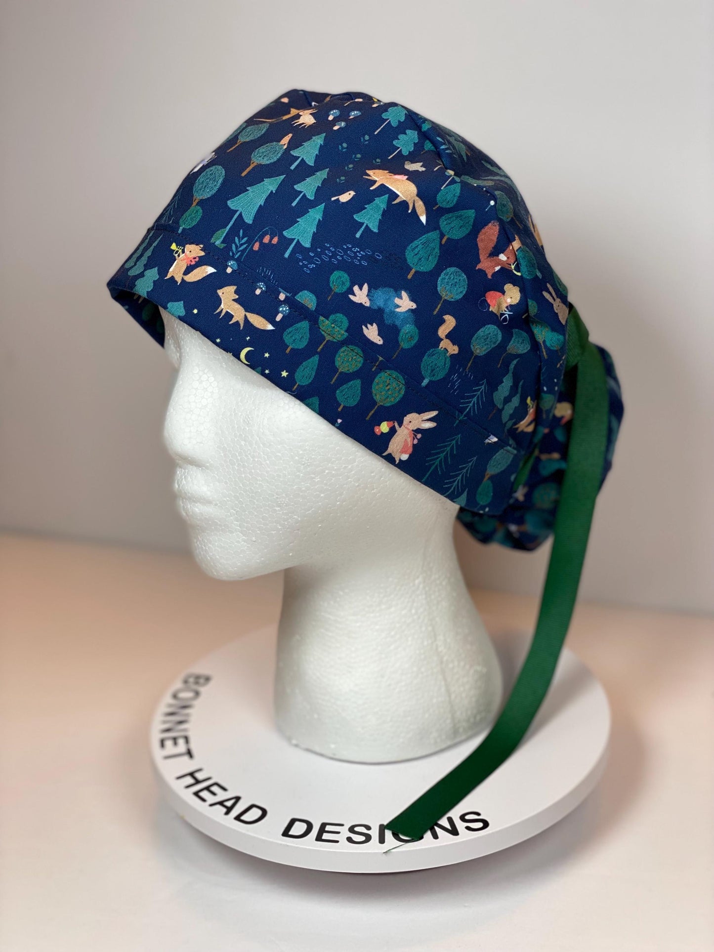 Night friends scrub cap, women’s forest animals ponytail scrub hat, Bonnet Head Designs