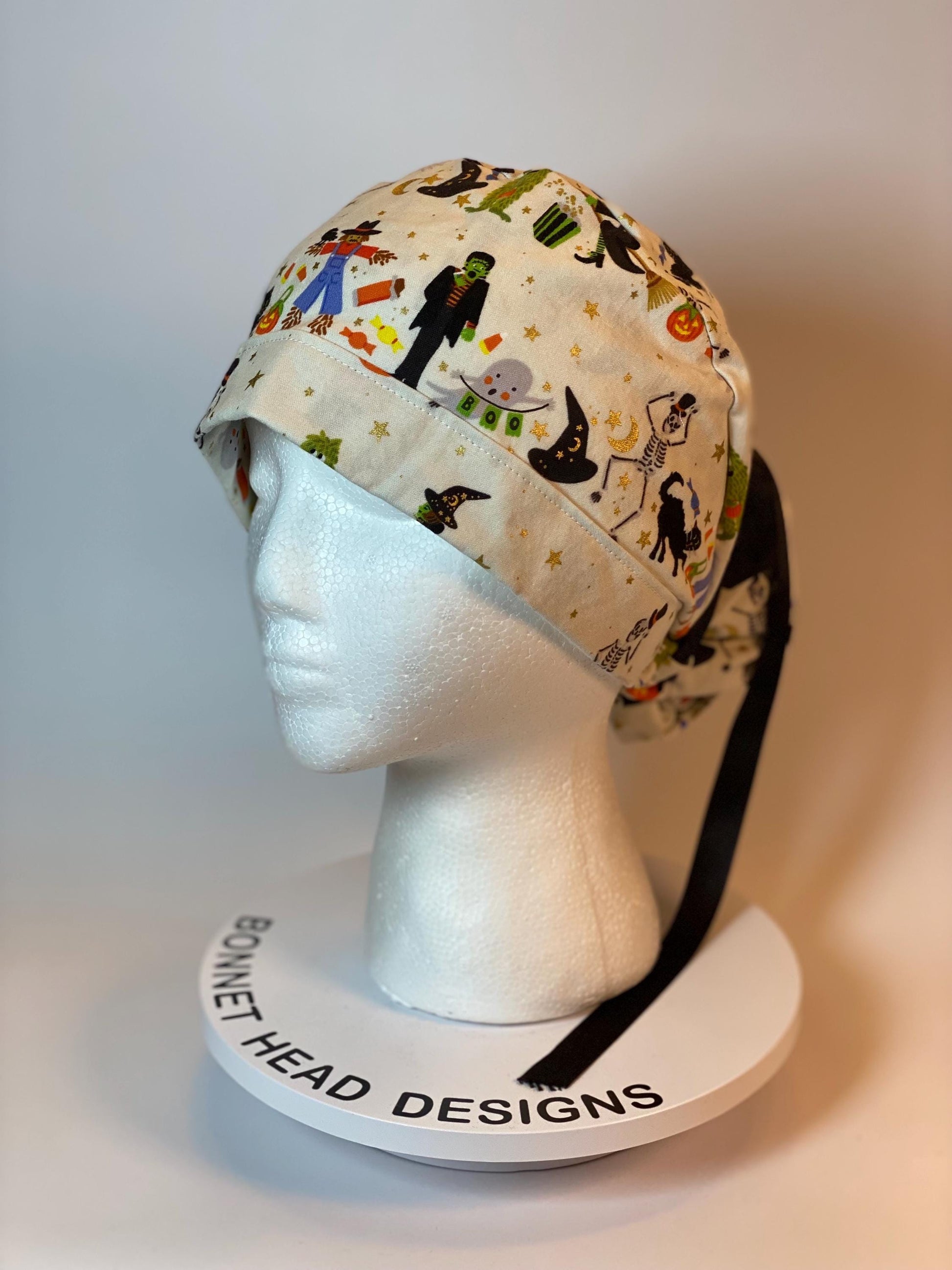 Rifle Paper Co Halloween parade fabric scrub cap, trick or treat Halloween ponytail scrub hat